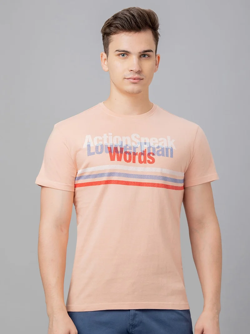 globus Globus Men Peach Printed Cotton Round Neck Regular Fit T-shirt