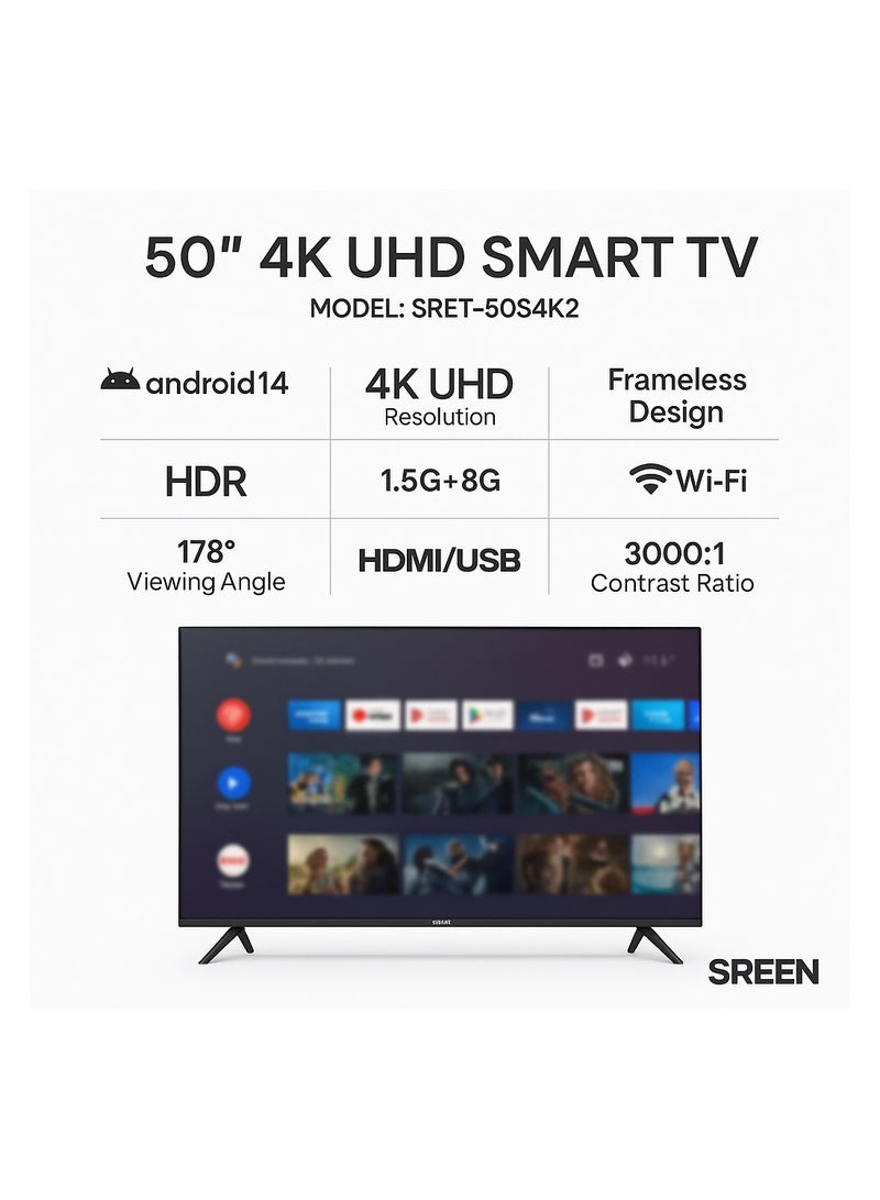 SREEN 50 Inch Smart Android 14 TV – 4K UHD (3840×2160), Frameless Slim Design, HDMI & USB Ports, 1.5GB RAM + 8GB Storage, Model SRET-50S4K2 - Image 3