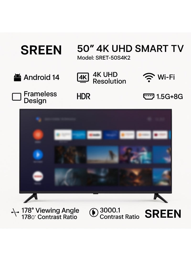 SREEN 50 Inch Smart Android 14 TV – 4K UHD (3840×2160), Frameless Slim Design, HDMI & USB Ports, 1.5GB RAM + 8GB Storage, Model SRET-50S4K2 - Image 5