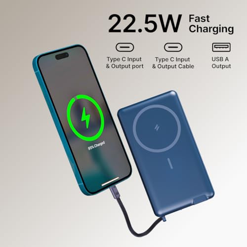 pTron Dynamo Dash Magnetic Wireless 10000mAh Fast Charging Slim Power Bank, MagSafe, 22.5W Output, Compatible w/iPhone 12/13/14/15/16, Android & Other Qi Enabled Devices, Type-C Input (Blue) - Image 3