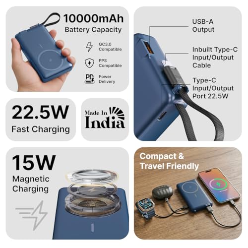 pTron Dynamo Dash Magnetic Wireless 10000mAh Fast Charging Slim Power Bank, MagSafe, 22.5W Output, Compatible w/iPhone 12/13/14/15/16, Android & Other Qi Enabled Devices, Type-C Input (Blue) - Image 2