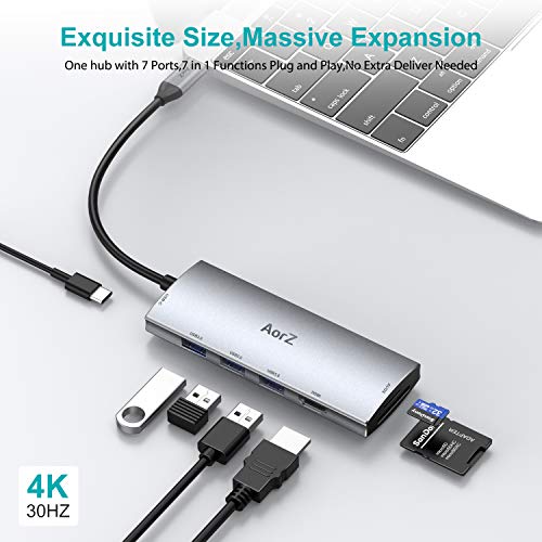 Aorz USB C Hub, USB Hub to HDMI Multiport AorZ USB C Dongle Adapter 7 in 1 with 4K HDMI Output,3 USB 3.0 Ports,SD/Micro SD Card Reader,100W PD,Compatible with MacBook Pro Air HP XPS and More Type C Devices - Image 2