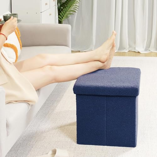 Decor & More Ottoman Cube,38 * 38 * 38 Cm Foldable Storage Box,Footrest Ottoman with Storage Step Stool,Padded Seat with Pocket,Foldable Table for Bedroom,Set of 1 Blue - Image 3