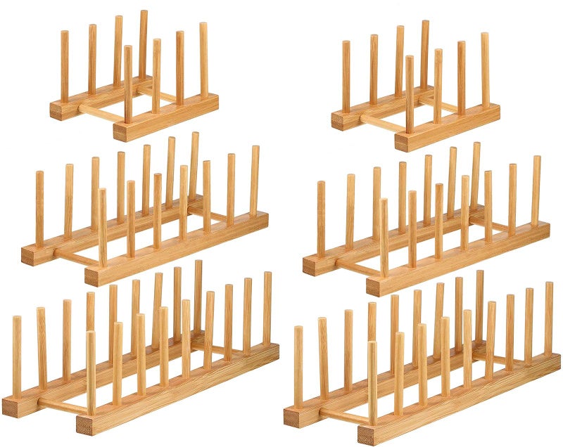 Lawei Set of 6 Bamboo Dish Rack - 3/6/8 Slots Wooden Plate Rack Stand Pot Lid Holder Dish Drying Rack for Dish, Bowl, Cup, Cutting Board and More - Image 1