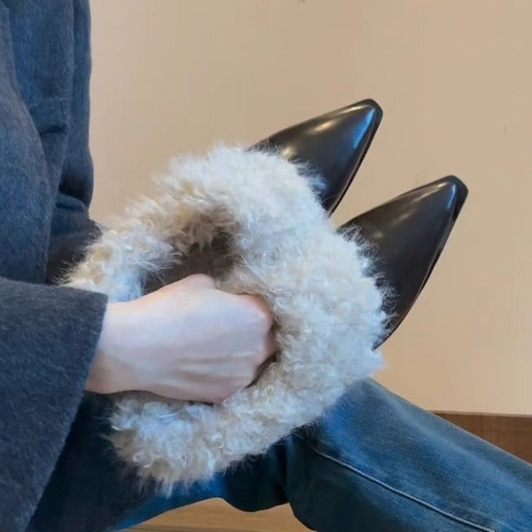 Women's Slip-On Pointed Toe Block Heel Shoes with Fleece Lining - Image 3