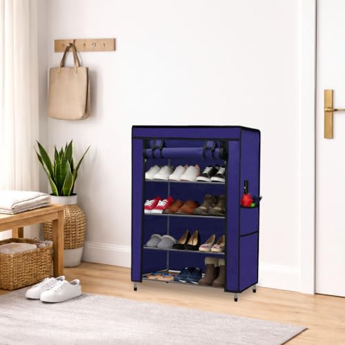 SANAMSTORE Multipurpose 4 Layer Metal Pipe with Non-Woven 100GSM Fabric Cover Shoe/Cloth/Toy/Books Rack-Dark Blue, Metal - Image 1