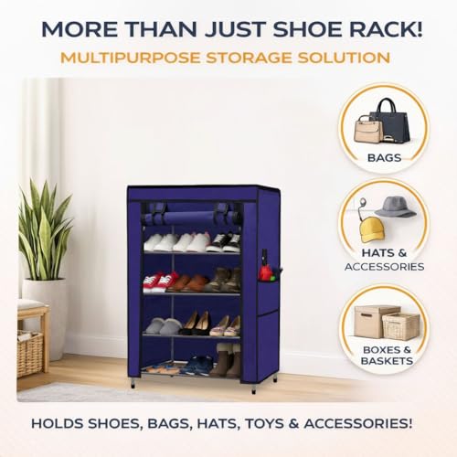 SANAMSTORE Multipurpose 4 Layer Metal Pipe with Non-Woven 100GSM Fabric Cover Shoe/Cloth/Toy/Books Rack-Dark Blue, Metal - Image 2