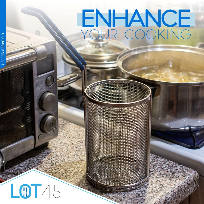 Lot45 Pasta Strainer with Handle 1 Pack - Stainless Steel Boiling Blanching Basket - 1 Pound Noodle Strainer for Restaurant Kitchen - Cylindrical Colander for Spaghetti, Ramen, Pho, and Veggies - Image 4