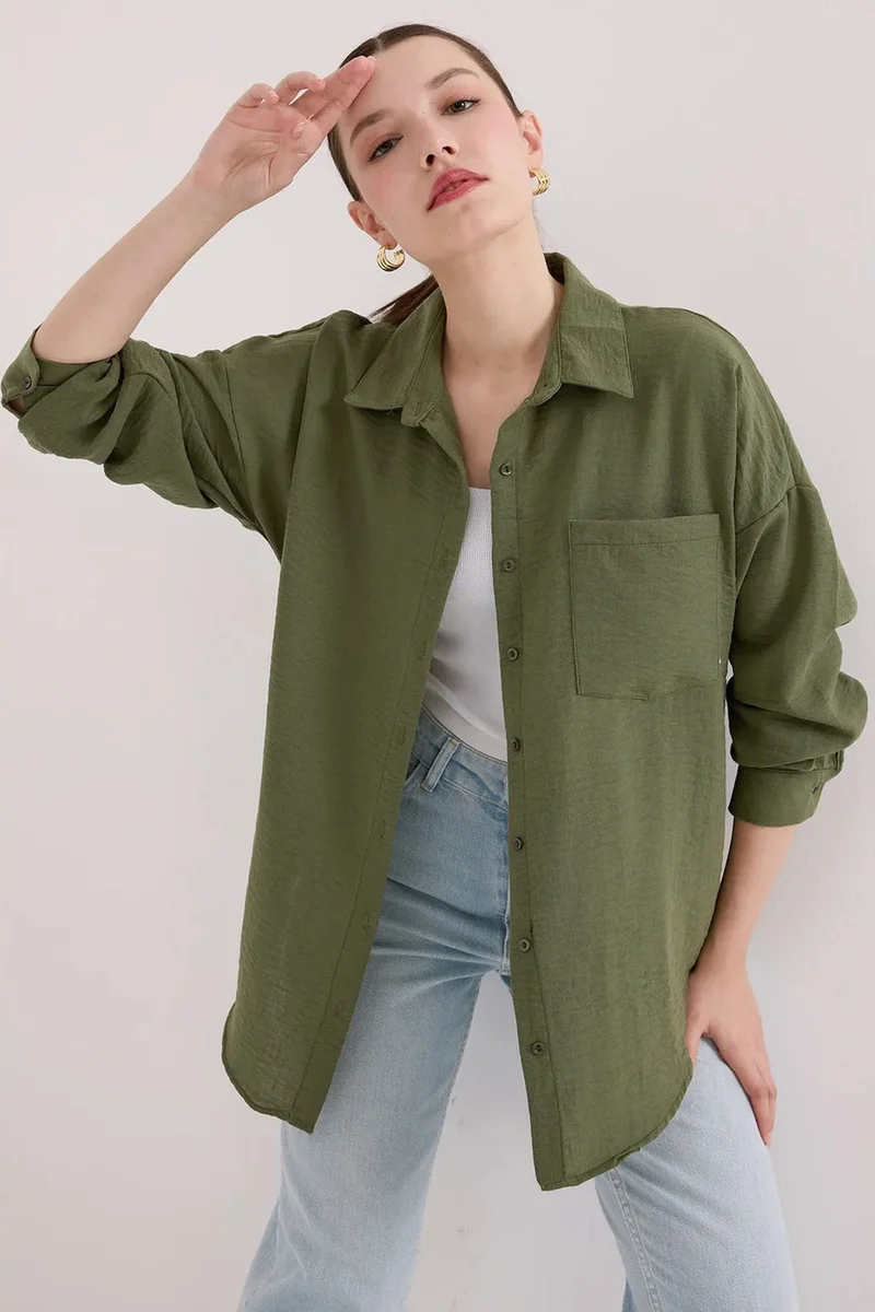 Big Dart Khaki Green BDART Linen Blended Shirt with Button Closure for Women | Best Price UAE