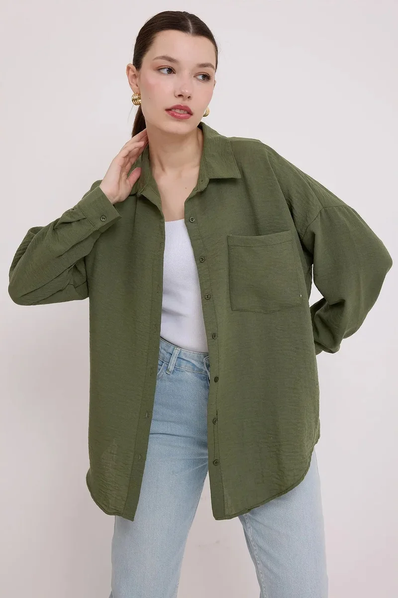 Big Dart Khaki Green BDART Linen Blended Shirt with Button Closure for Women | Best Price UAE