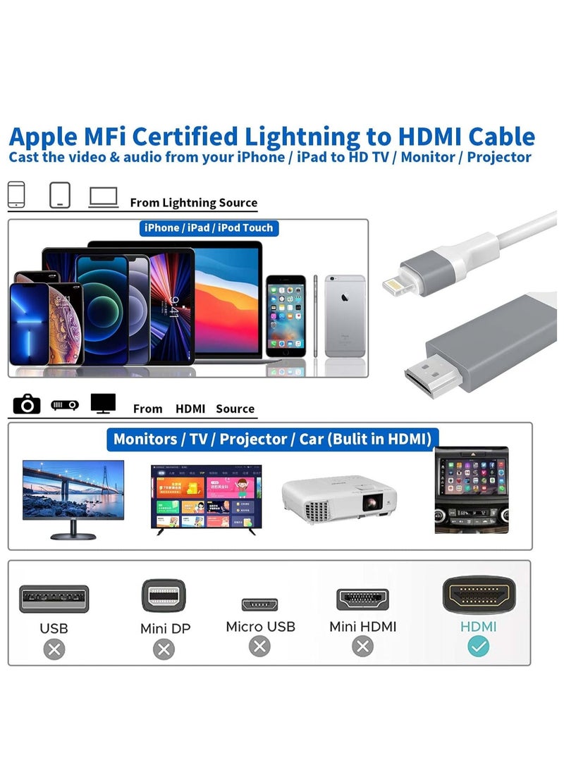 Generic - Lightning to HDMI Adapter Cable Compatible with iPhone iPad, Lightning Digital AV Adapter 1080p HD TV Connector Cable for iPhone/iPad/iPod to TV/Projector/Monitor - 6.6ft, White - Image 1