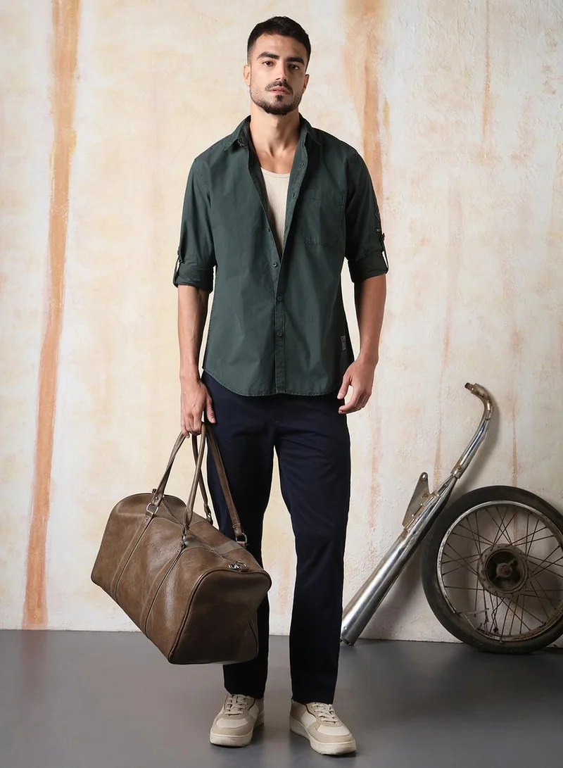 HIGH STAR Men Regular Fit Utility Heavy Washed Spread Collar Solid Cotton Casual Shirt