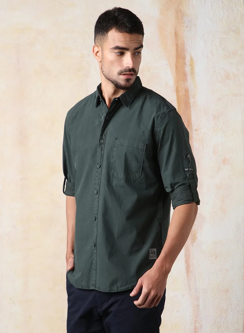 HIGH STAR Green Men Regular Fit Utility Heavy Washed Spread Collar Solid Cotton Casual Shirt for Men | Best Price UAE