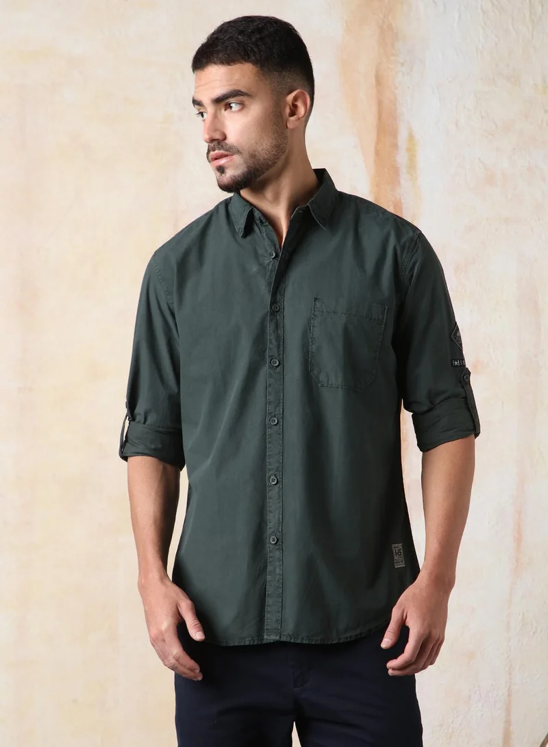 HIGH STAR Green Men Regular Fit Utility Heavy Washed Spread Collar Solid Cotton Casual Shirt for Men | Best Price UAE