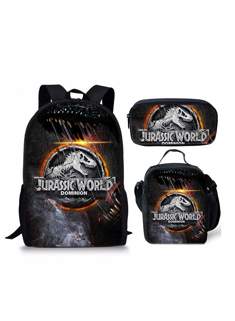 JURASSIC WORLD New Jurassic Park Dinosaur Three piece Set with Large Capacity Backpack, Student School Bag, Lunch Bag, Pen Bag - Image 1