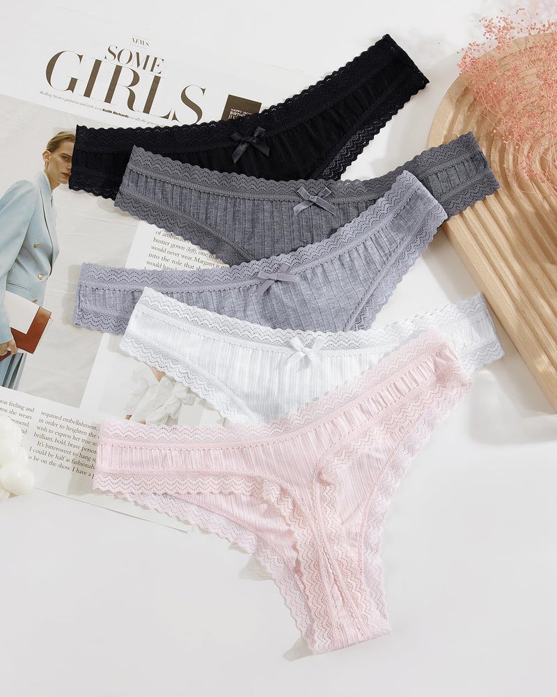 KNITLORD Super Soft Lace Thongs for Women Sexy T Back Womens Thong Underwear Lace Trim, Lady Breathable Viscose Panties No Show, 5 Pack M - Image 2