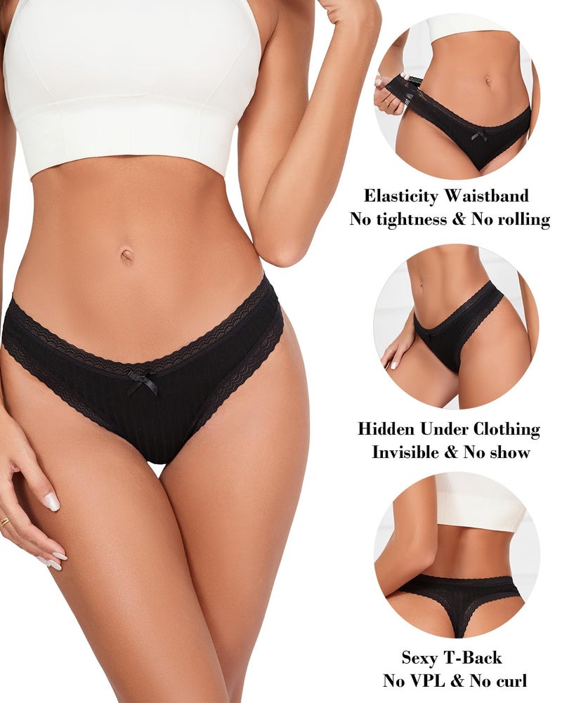 KNITLORD Super Soft Lace Thongs for Women Sexy T Back Womens Thong Underwear Lace Trim, Lady Breathable Viscose Panties No Show, 5 Pack M - Image 3
