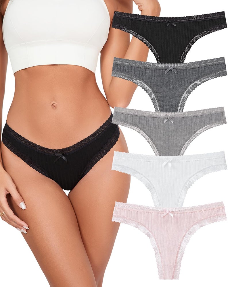 KNITLORD Super Soft Lace Thongs for Women Sexy T Back Womens Thong Underwear Lace Trim, Lady Breathable Viscose Panties No Show, 5 Pack M - Image 1