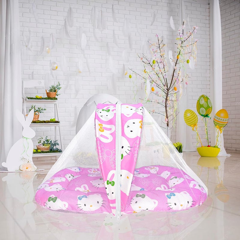 CUSTOMARY Toddler Animal Printed Foldable Mattress with Mosquito net and Pillow (0 Months- 3 Months, Pink Kitty) - Image 3