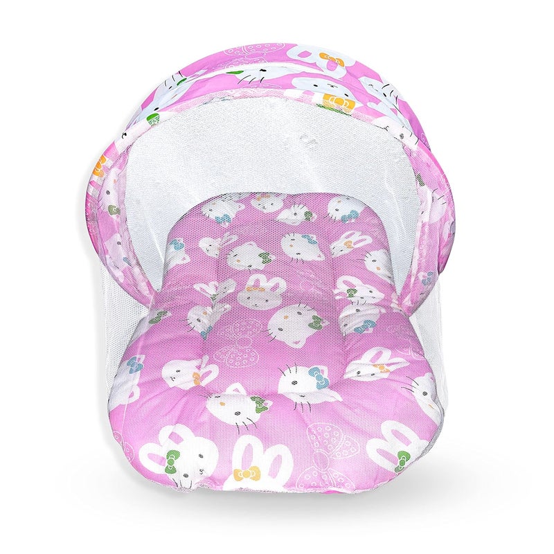 CUSTOMARY Toddler Animal Printed Foldable Mattress with Mosquito net and Pillow (0 Months- 3 Months, Pink Kitty) - Image 1