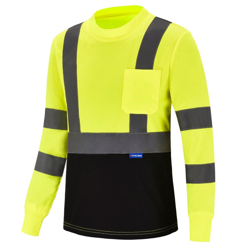 AYKRM hi viz Shirts for Men Long Sleeve Safety T Shirt Reflective High Visibility hi vis Long Sleeve T Shirt Safety Shirts Yellow M