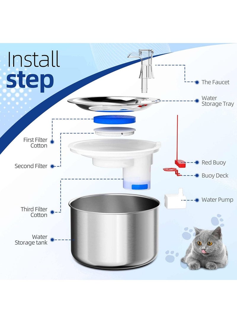 Cat Water Fountain, Stainless Steel Pet Water Fountain for Cats Inside Ultra-Quiet Pump, 2L/67oz Automatic Dog Dispenser Water Bowl, Multiple Pets Water Fountain