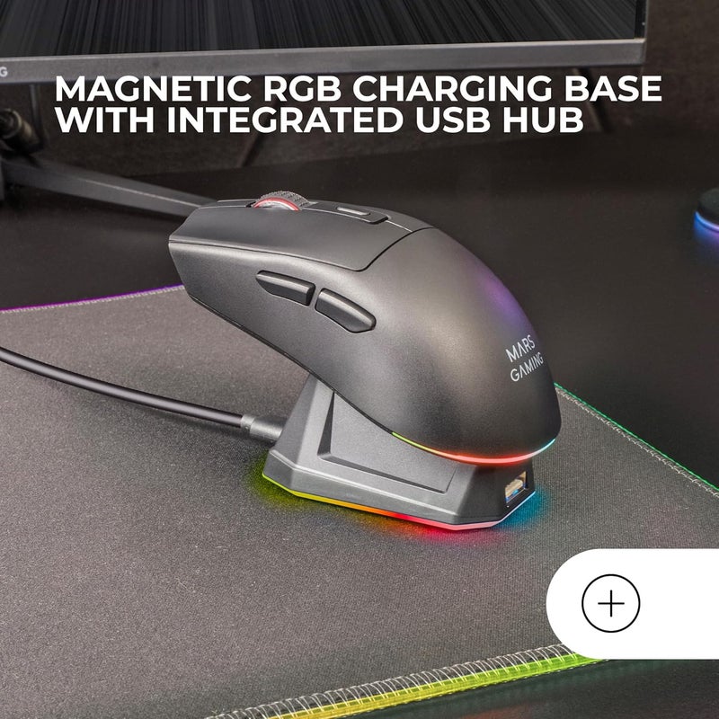 MARS GAMING MM‑T3 Ultralight Wireless Mouse, Bluetooth 5.0 + 2.4 GHz + Cable, Optical Sensor PIXART PAW3104PRO 14400 DPI Magnetic RGB Charging Station, Huano Switches, Control Software, Black - Image 4
