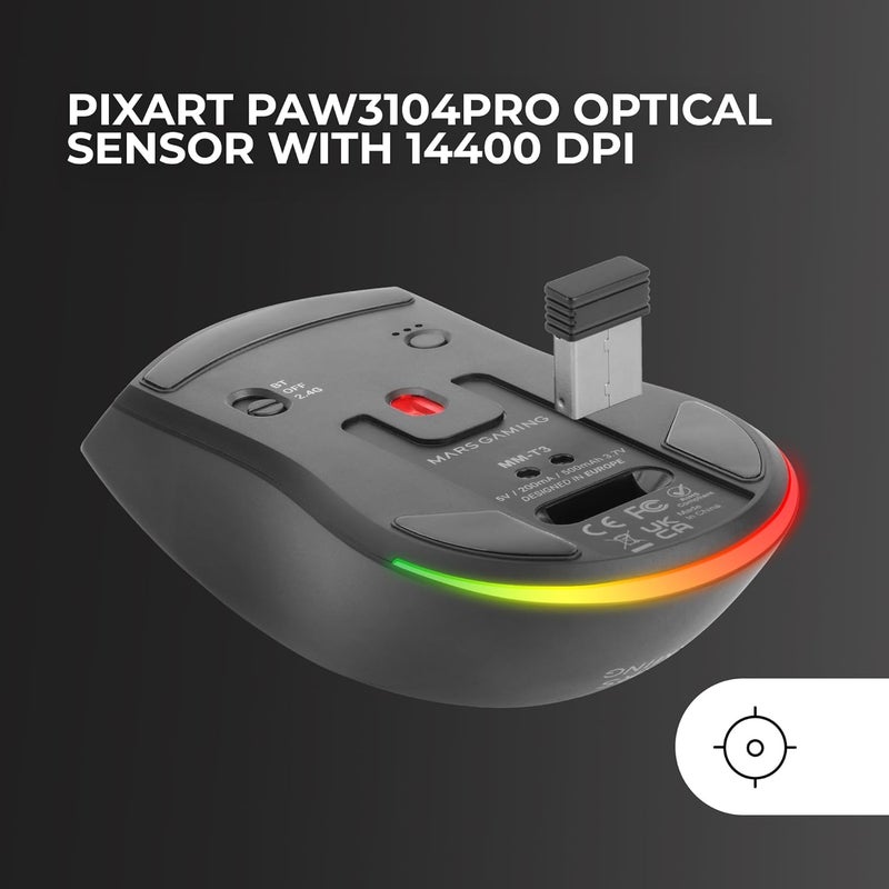 MARS GAMING MM‑T3 Ultralight Wireless Mouse, Bluetooth 5.0 + 2.4 GHz + Cable, Optical Sensor PIXART PAW3104PRO 14400 DPI Magnetic RGB Charging Station, Huano Switches, Control Software, Black - Image 3
