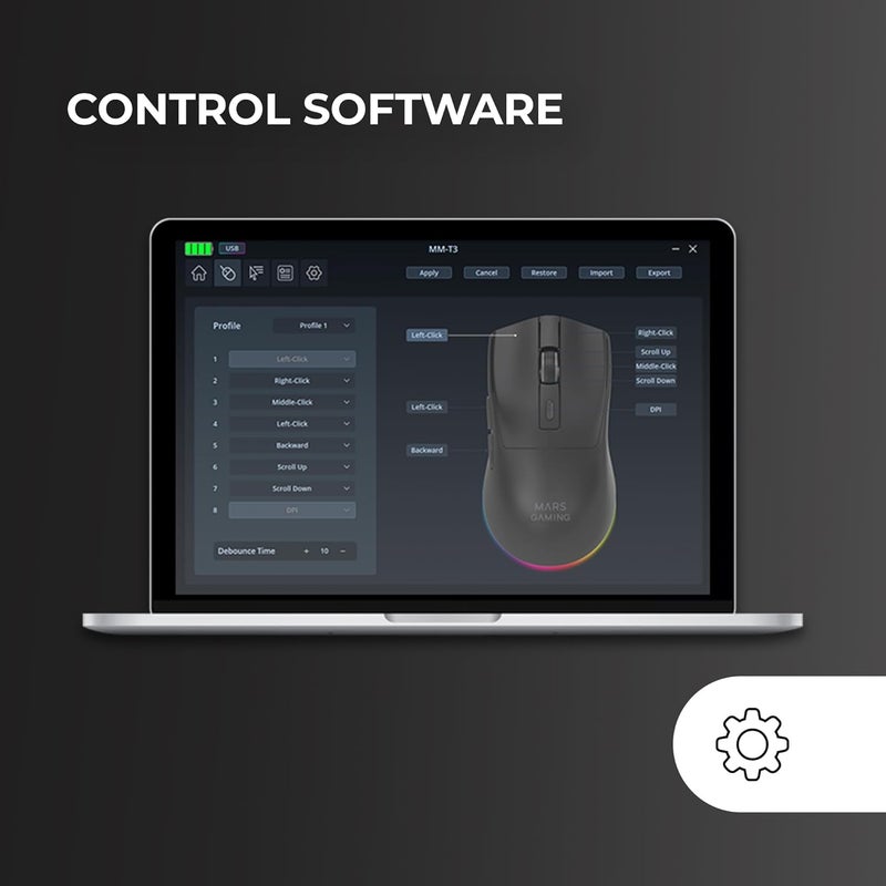 MARS GAMING MM‑T3 Ultralight Wireless Mouse, Bluetooth 5.0 + 2.4 GHz + Cable, Optical Sensor PIXART PAW3104PRO 14400 DPI Magnetic RGB Charging Station, Huano Switches, Control Software, Black - Image 5