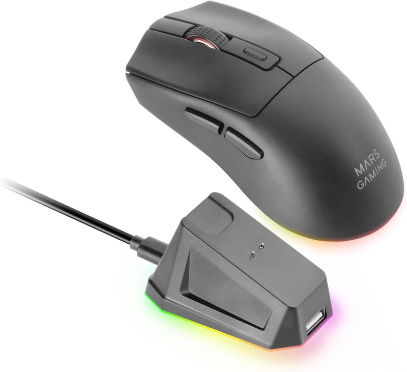 MARS GAMING MM‑T3 Ultralight Wireless Mouse, Bluetooth 5.0 + 2.4 GHz + Cable, Optical Sensor PIXART PAW3104PRO 14400 DPI Magnetic RGB Charging Station, Huano Switches, Control Software, Black - Image 1