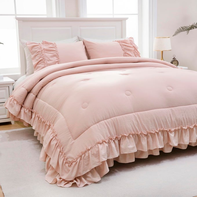 PINK BEDDING COMFRTER QUEEN BOHO RUFFLE COMFORTER SET SHABBY CHIC BEDDING 2 LAYERS RUFFLES HOME DECOR FARMHOUSE BED COMFORTER 1 COMFORTER 2 PILLOWCASES BLUSH QUEEN