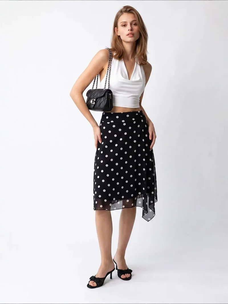 Mixray MIXRAY High-Waist Polka Dot Tulle Midi Skirt