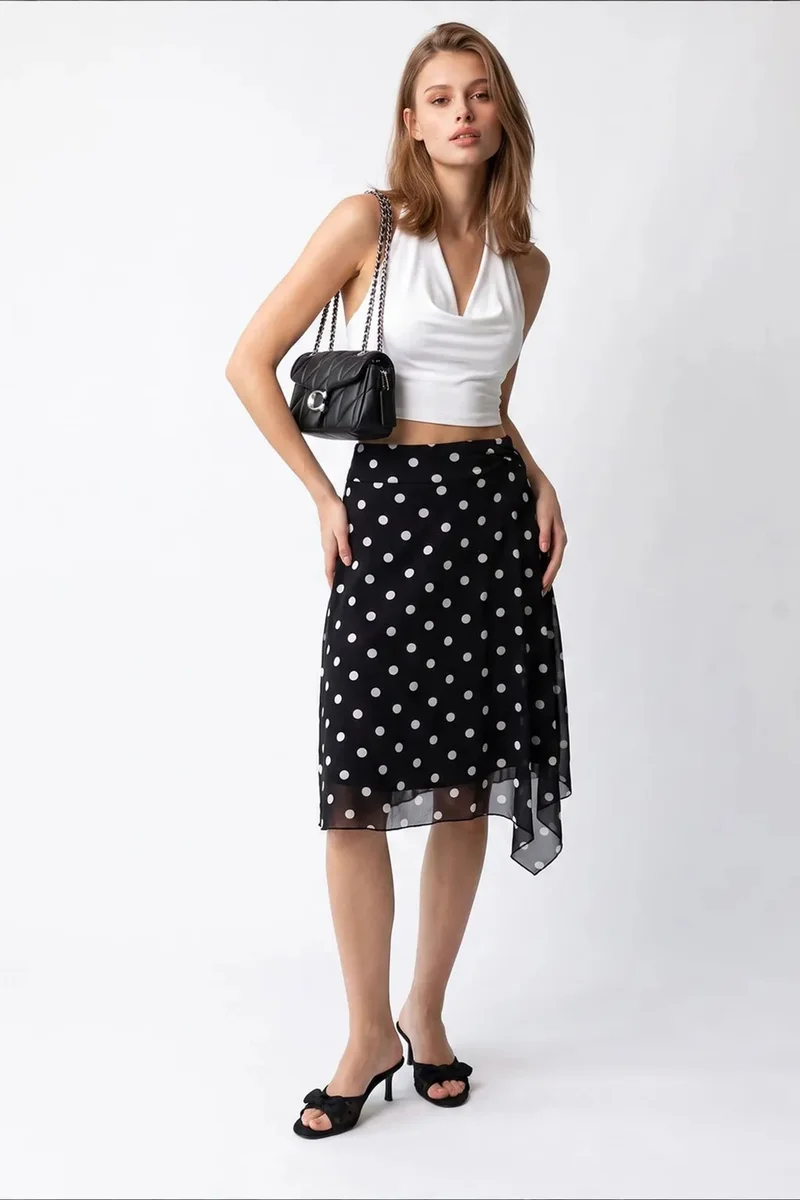 ميكسراي MIXRAY High-Waist Polka Dot Tulle Midi Skirt