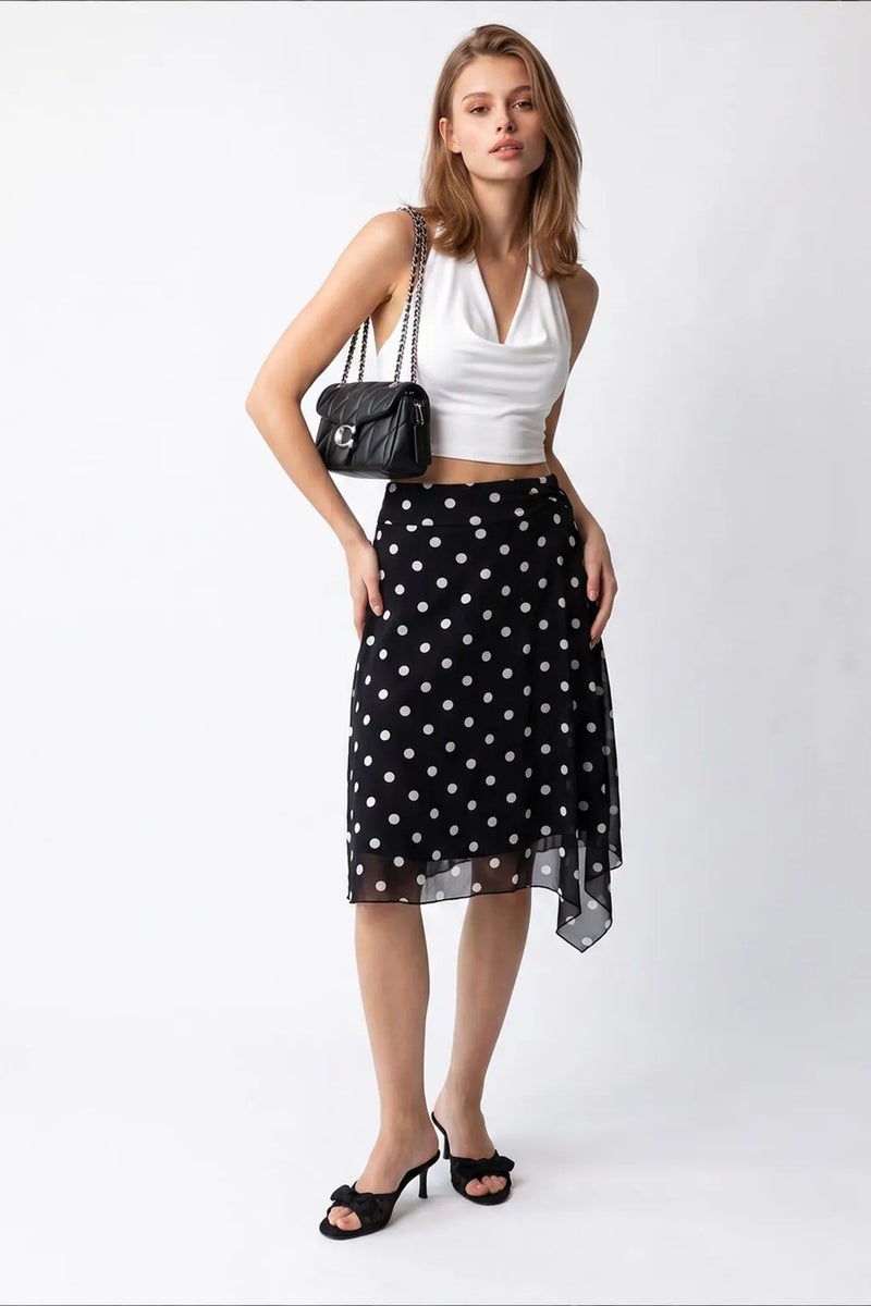 MIXRAY High-Waist Polka Dot Tulle Midi Skirt - Image 2