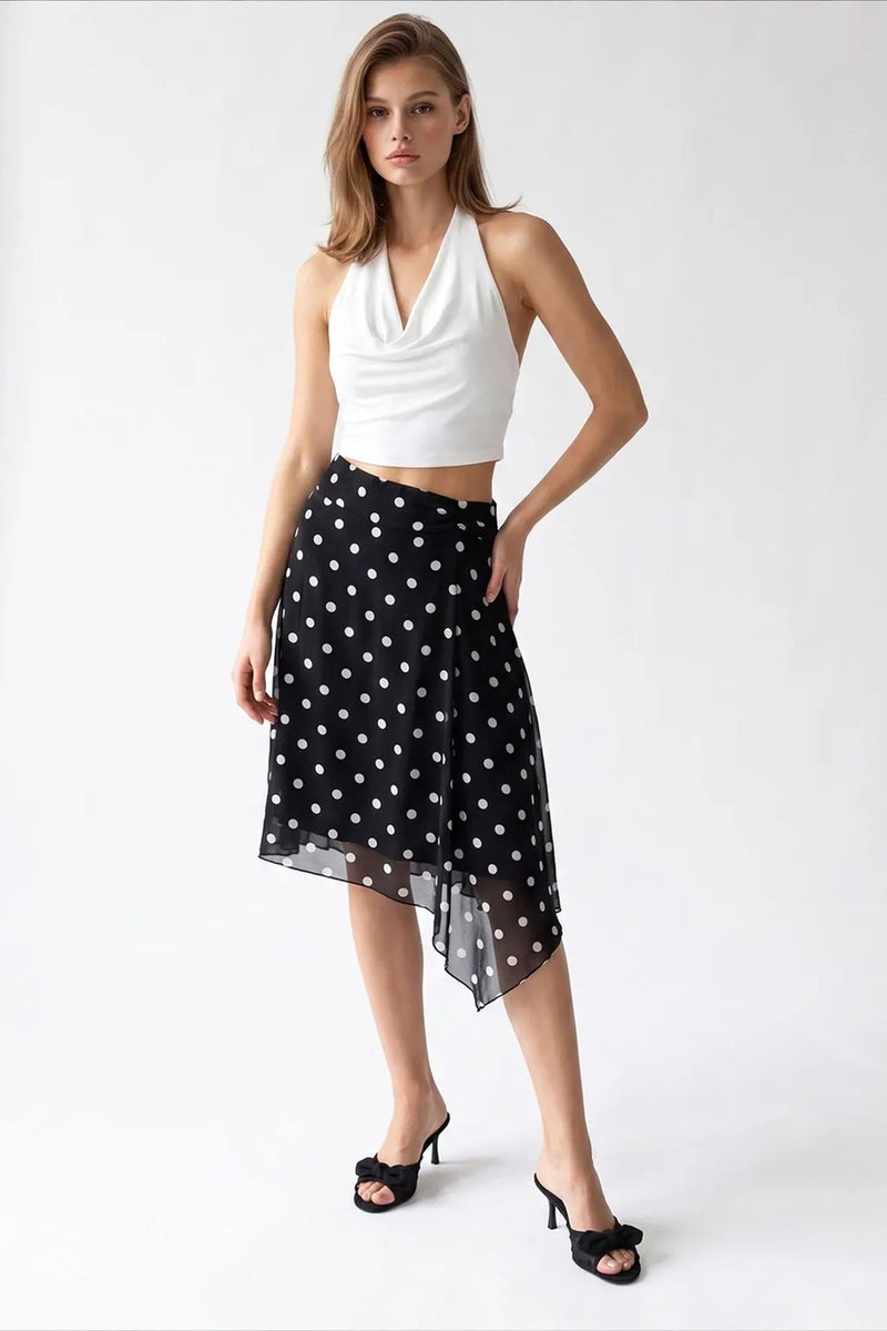 MIXRAY High-Waist Polka Dot Tulle Midi Skirt - Image 1