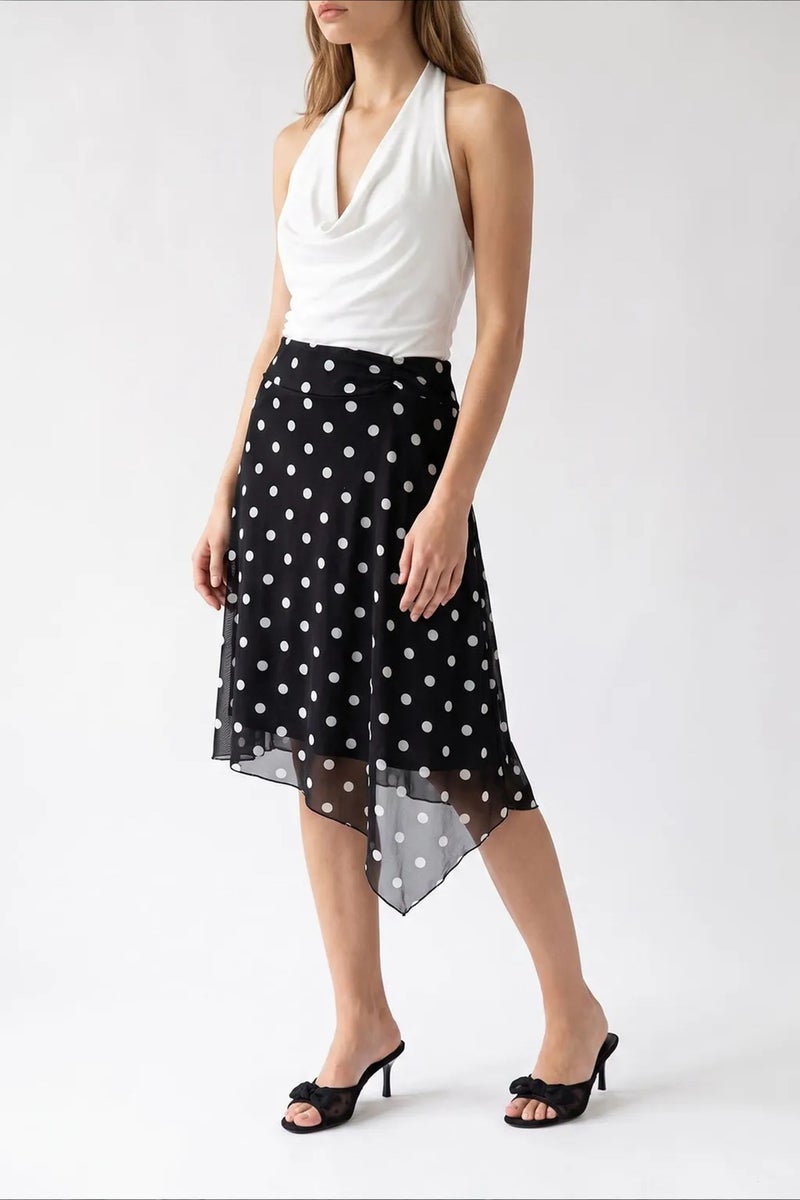 MIXRAY High-Waist Polka Dot Tulle Midi Skirt - Image 3