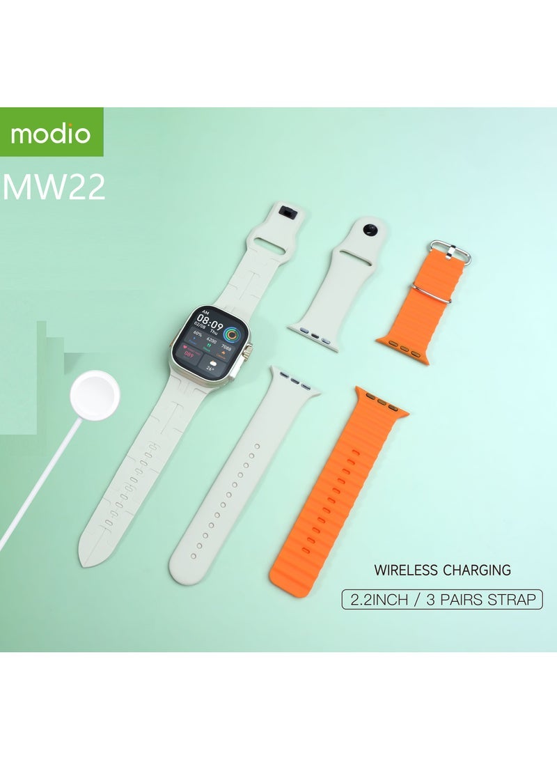 Modio MW22 Smartwatch 2.2 Inch Display With 3 Pair Straps and Charging Cable Designed for Ladies and Gents Gold - Image 2