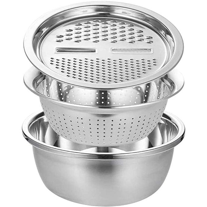 MULTIFUNCTIONAL 3 IN 1 STAINLESS STEEL BASIN GRATER COLANDER WITH LIDS AND MIXING BOWL SOLID BASIN DRAIN BASKET VEGETABLE FRUITS STRAINER FOR WASHING VEGETABLE KITCHEN TOOL1 PCS
