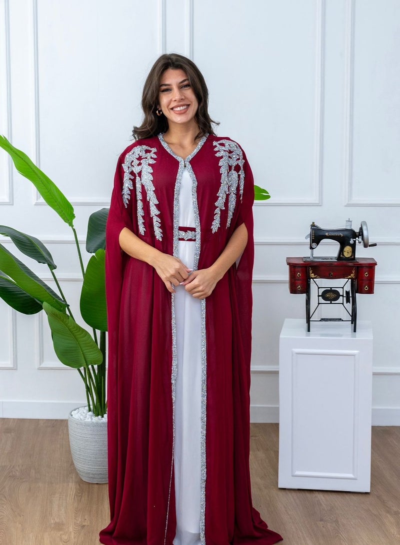 AL BENT AL SHARQIEH women crepe red kaftan dress , ladies jalabiya  - Image 1