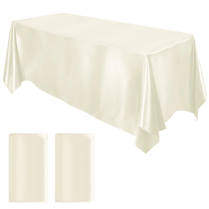 MCEAST 2 Packs Satin Tablecloth 102 x 58 Inches Rectangular Table Overlay Cover Bright Silk Tablecloth Smooth Fabric Table Decor for Wedding Banquet Decoration Ivory