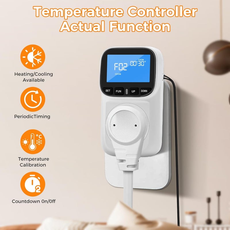 diymore 1800W Plug in Digital Thermostat Temperature Controller Electric Thermostat Outlet Heating Cooling Control Mode Timer 120V 15A -104 ℉~210 ℉ Greenhouse with Thermostat Pool Thermometer - Image 2