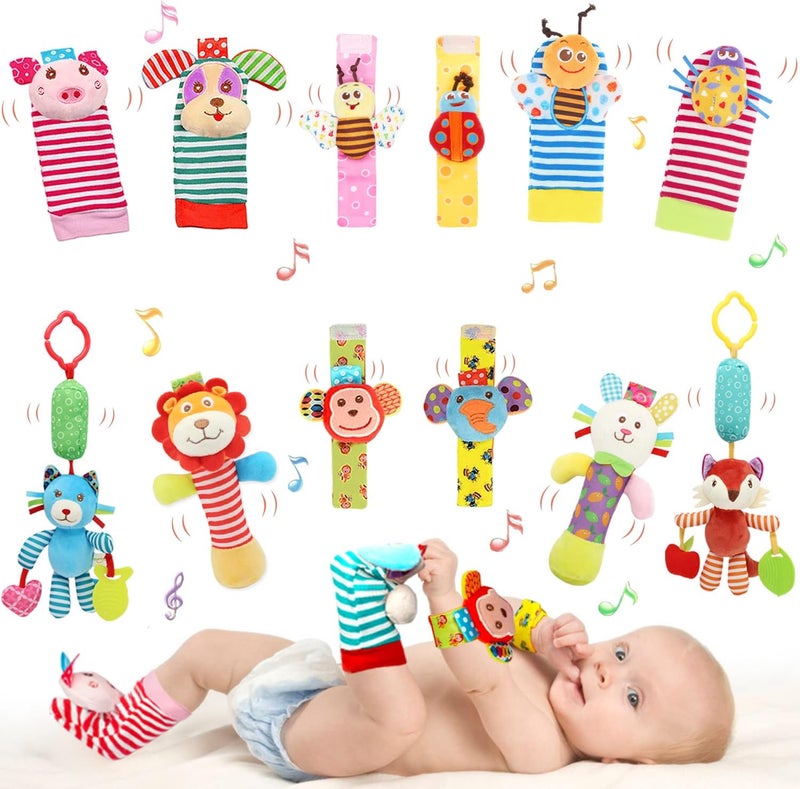 BLOOBLOOMAX Wrist Rattles Foot Finder Rattle Sock Baby Toy,Rattle Toy,Arm Hand Bracelet Rattle,Feet Leg Ankle Socks,Activity Rattle Present Gift for Newborn Infant Babies Boy Girl Bebe (12 D) - Image 1