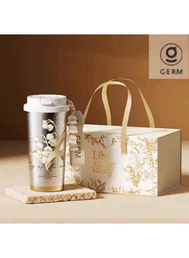 GERM Lily of the Valley – 500ml premium titanium water bottle, lightweight camping flask for outdoor adventures and travel. Dimensions with lid: 18.5 x 9.6cm, weight: 280g. Provides 12-hour thermal retention. Ideal for drinking water, tea, coffee, smoothies, or juice. Suitable as a business cup, travel companion, or gift. (Colourful) - Image 1