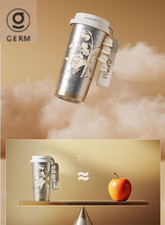 GERM Lily of the Valley – 500ml premium titanium water bottle, lightweight camping flask for outdoor adventures and travel. Dimensions with lid: 18.5 x 9.6cm, weight: 280g. Provides 12-hour thermal retention. Ideal for drinking water, tea, coffee, smoothies, or juice. Suitable as a business cup, travel companion, or gift. (Colourful) - Image 2