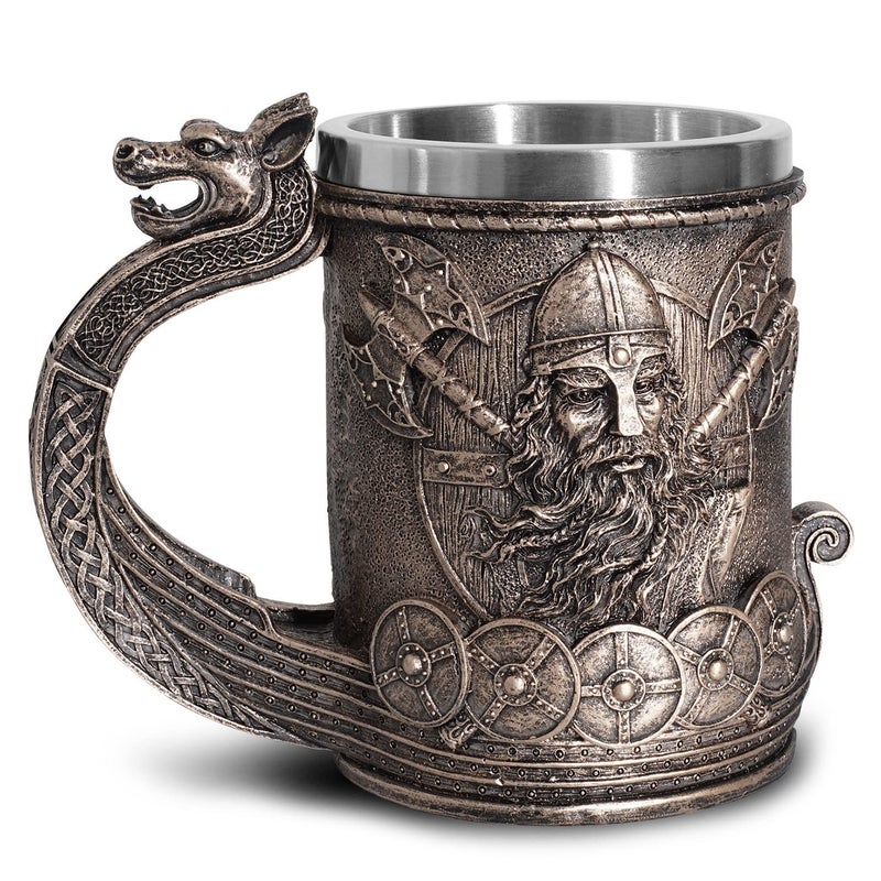 Ottalent Noric Viking Ship Draon Drakkar Beer Mug Stainless Steel Liner Bronze Color Viking Warrior Coffee Cup Stein for Collectible Gift 17oz