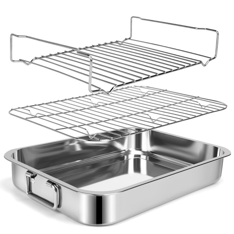 EsOfficce 15.5" Stainless Steel Roasting Pans with Handles, Baking Pan for Oven with 2 Racks, Heavy Duty, Dishwasher Safe Rectangular Lasagna Pan with Handles for Turkey Chicken, Silver - Image 1