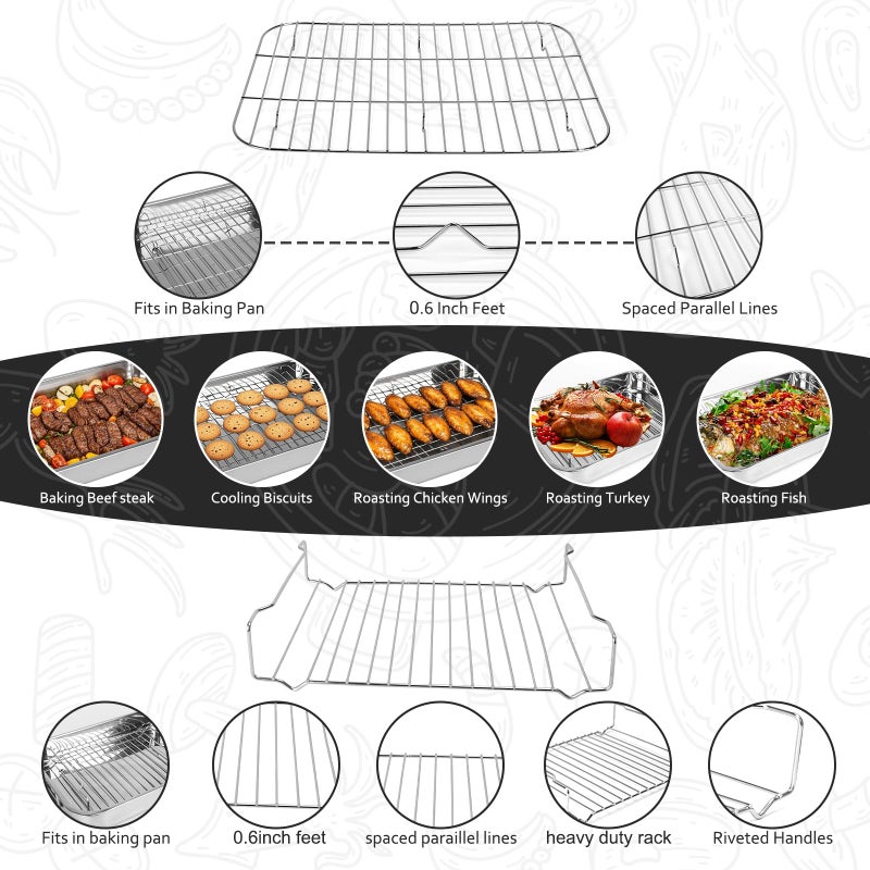 EsOfficce 15.5" Stainless Steel Roasting Pans with Handles, Baking Pan for Oven with 2 Racks, Heavy Duty, Dishwasher Safe Rectangular Lasagna Pan with Handles for Turkey Chicken, Silver - Image 5