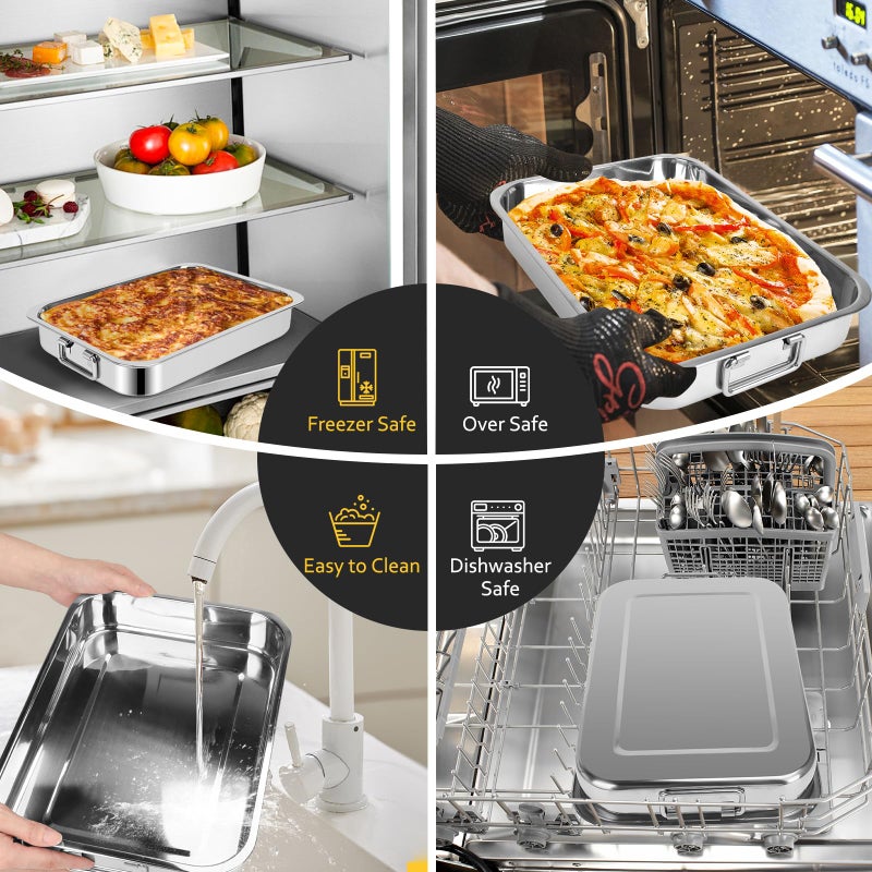 EsOfficce 15.5" Stainless Steel Roasting Pans with Handles, Baking Pan for Oven with 2 Racks, Heavy Duty, Dishwasher Safe Rectangular Lasagna Pan with Handles for Turkey Chicken, Silver - Image 3