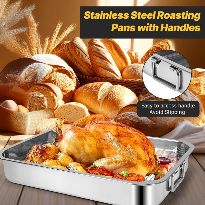 EsOfficce 15.5" Stainless Steel Roasting Pans with Handles, Baking Pan for Oven with 2 Racks, Heavy Duty, Dishwasher Safe Rectangular Lasagna Pan with Handles for Turkey Chicken, Silver - Image 2