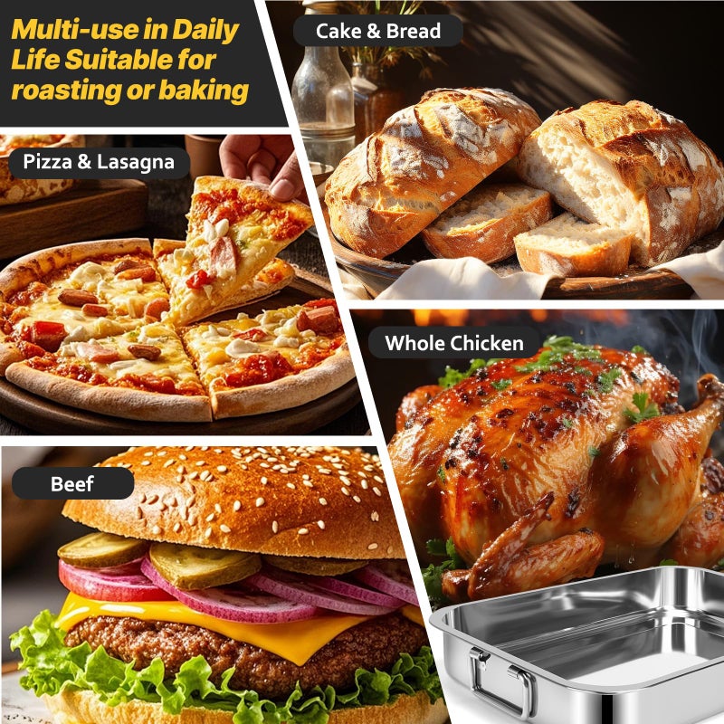 EsOfficce 15.5" Stainless Steel Roasting Pans with Handles, Baking Pan for Oven with 2 Racks, Heavy Duty, Dishwasher Safe Rectangular Lasagna Pan with Handles for Turkey Chicken, Silver - Image 4
